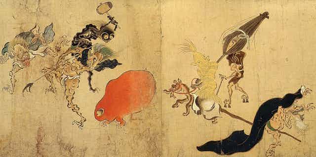 A faded scroll painting shows oddly shaped monsters, some of which are made out of everyday objects.