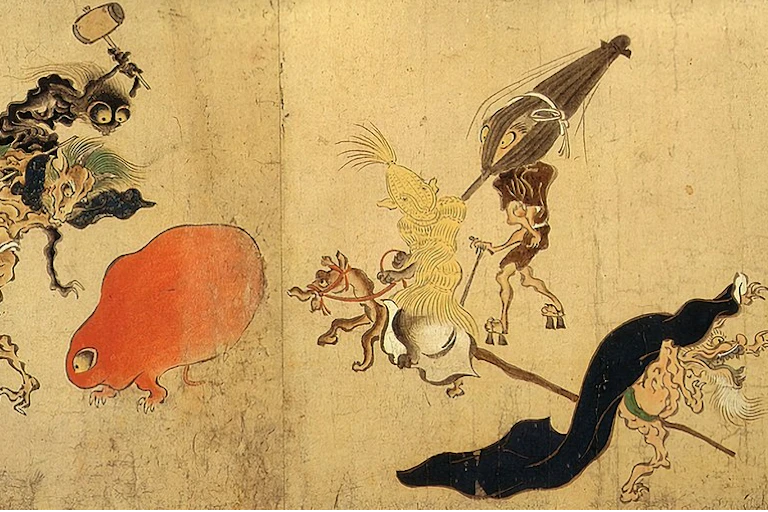 A faded scroll painting shows oddly shaped monsters, some of which are made out of everyday objects.