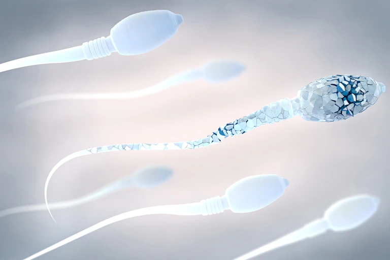 Groupe de spermatozoïdes dont l'un vole en éclats