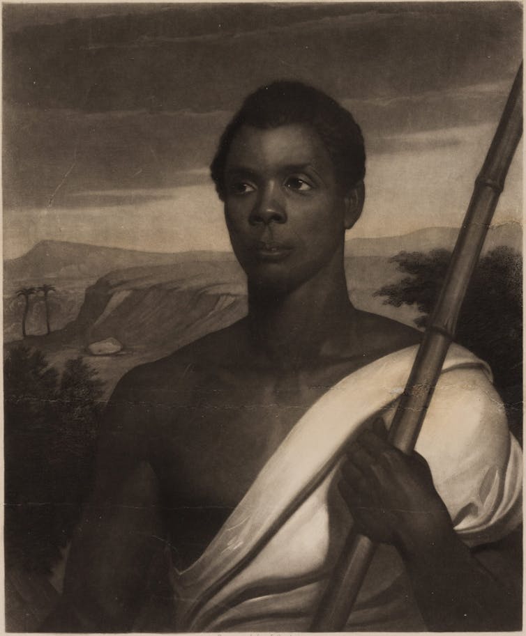 Painting of a black man holding a bamboo staff in a toga-like outfit and looking to the left.  The background shows a landscape with a cliff, a distant mountain, tropical trees and a moody, cloudy sky.