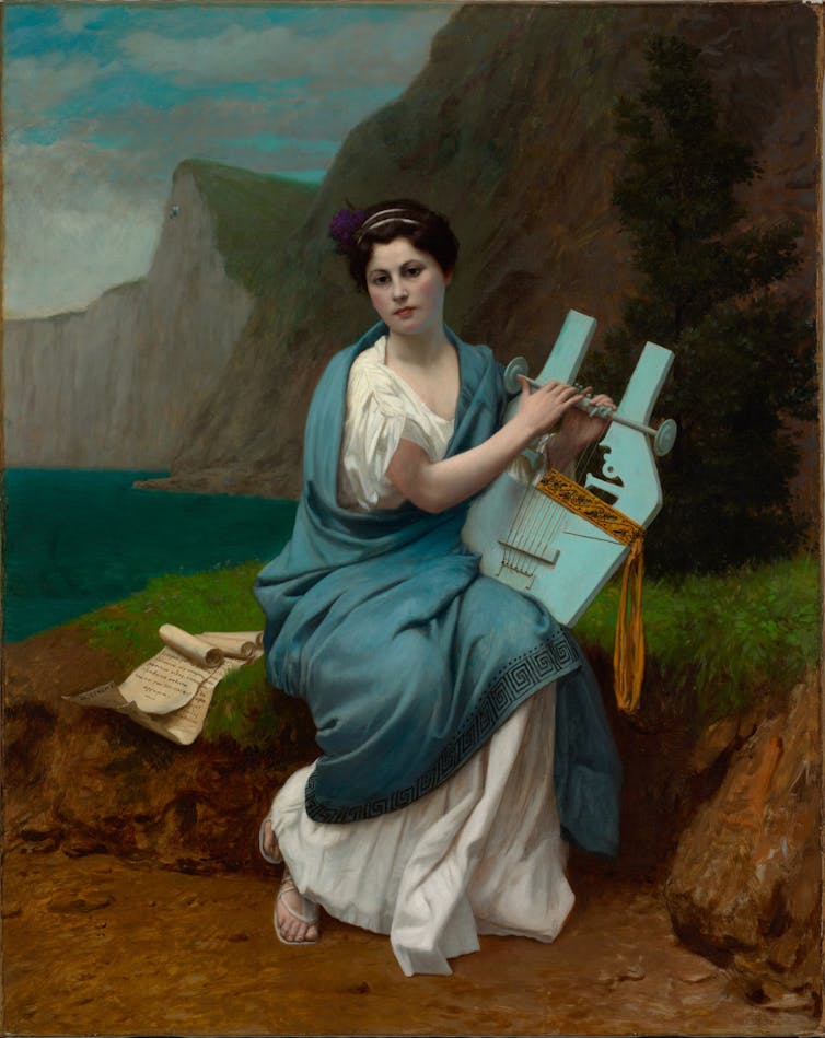 Woman posed outdoors in flowing robes with a lute.  Handwritten scrolls, the sea and distant cliffs can be seen in the background.
