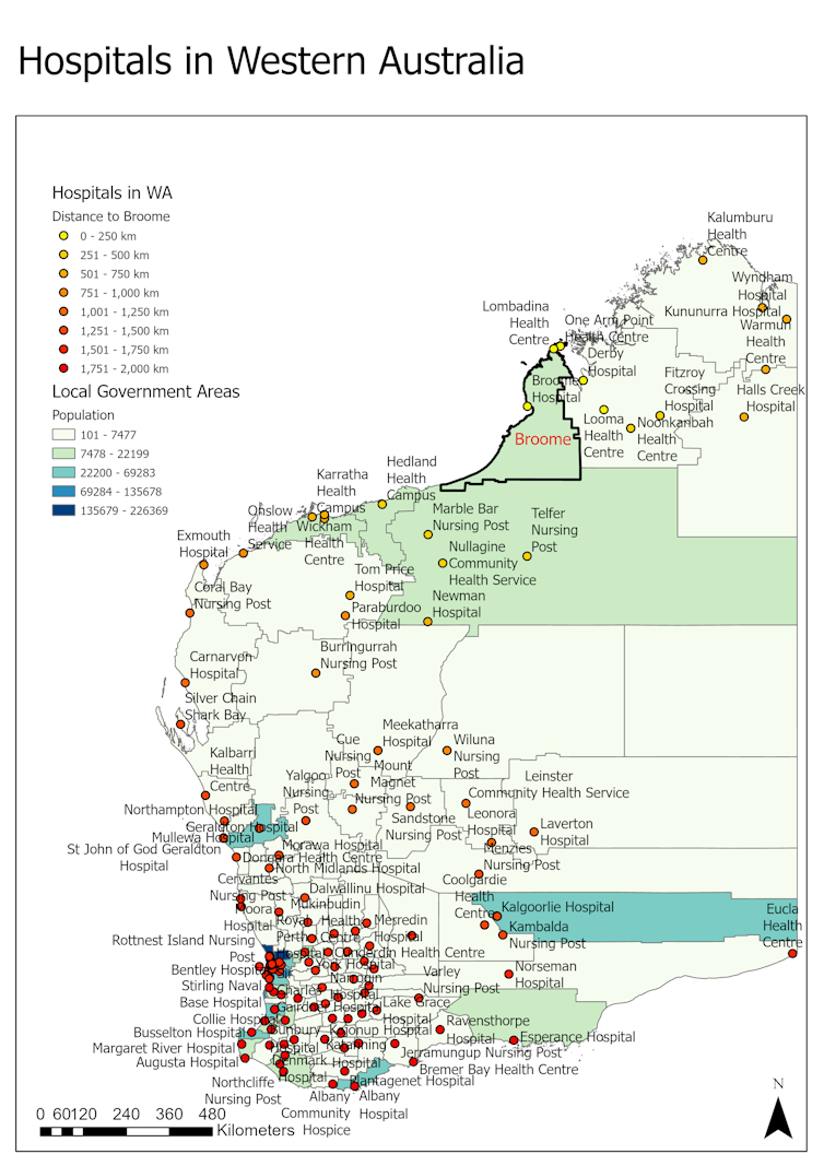 Map showing distribution of hospitals in Western Australia