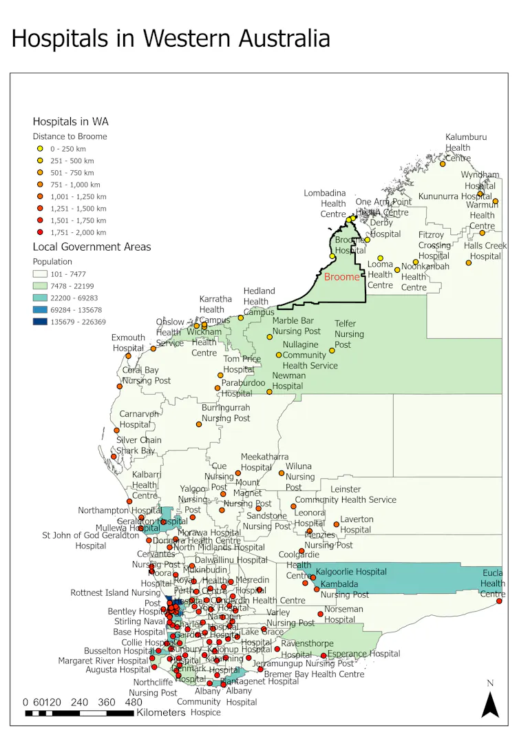 Map showing distribution of hospitals in Western Australia