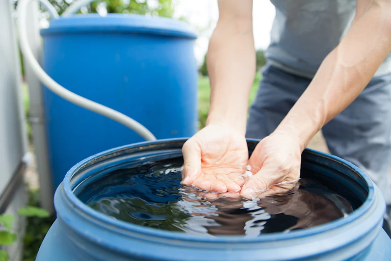 A mans hands cupped in a full rainwater tank.