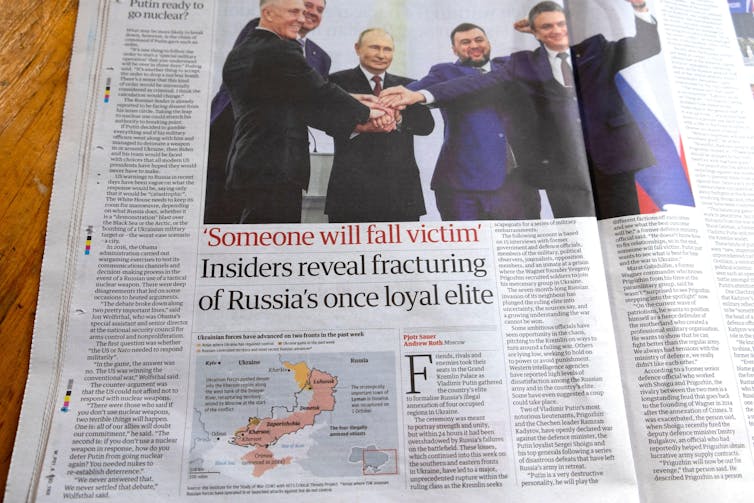 'Insiders reveal fracturing of Russia's once loyal elite' Guardian newspaper headline President Vladimir Putin Russia article 8 October 2022 London UK