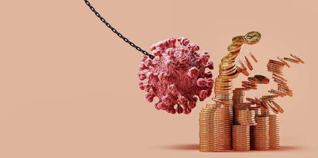 COVID molecule 'bashing' into pile of coins.