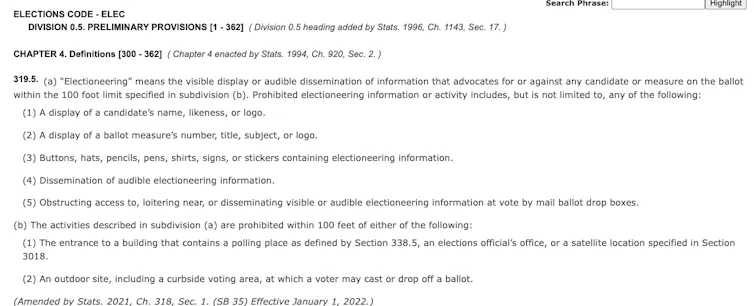 Screenshot of legal language in a section of California law regulating electioneering.
