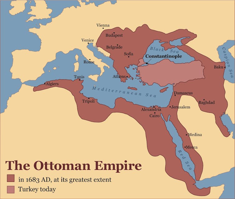 A map in yellow and brown showing Turkey and the Ottoman Empire.