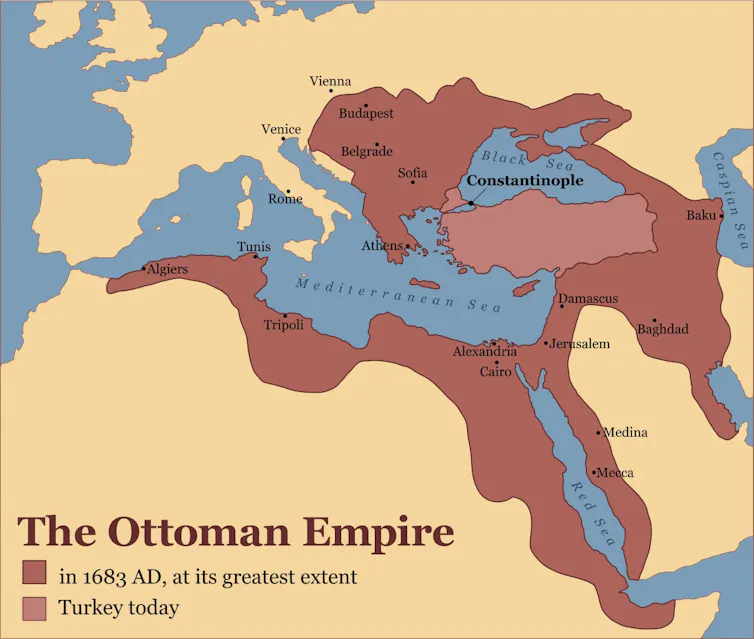 A map in yellow and brown showing Turkey and the Ottoman Empire.