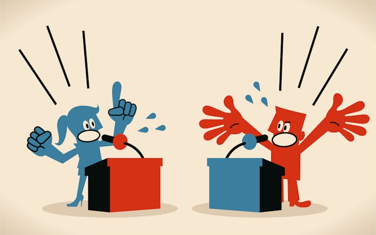 A cartoon depicts a blue character behind a red lectern and a red character behind a blue lectern, both wildly gesturing at each other.