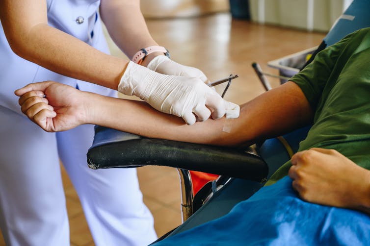 Medical professional drawing blood from patient