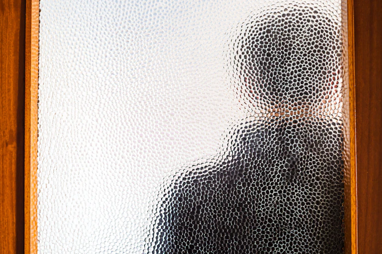 A silhouette of a person is seen through a glass door