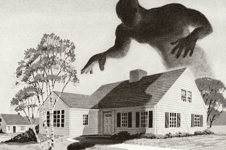 A ghoulish monster hovers above a house.