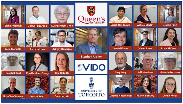 A grid of photographs of 25 scientists, and the three collaborating institutions (Queen's University, the Vaccine and Infectious Disease Organization (VIDO) and University of Toronto)