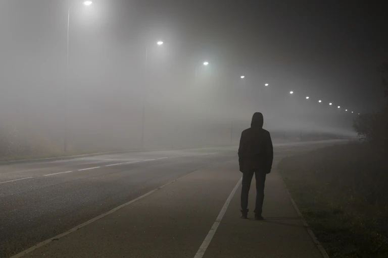 Una persona de espaldas en una calle vacía iluminada por farolas.