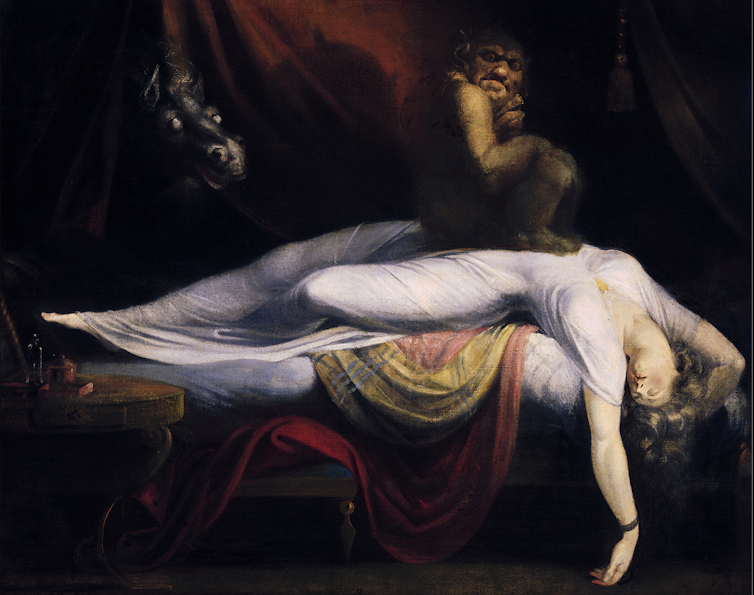 A 18th-century painting of a woman in a deep sleep, arms thrown wide, with a demon sitting on her chest.