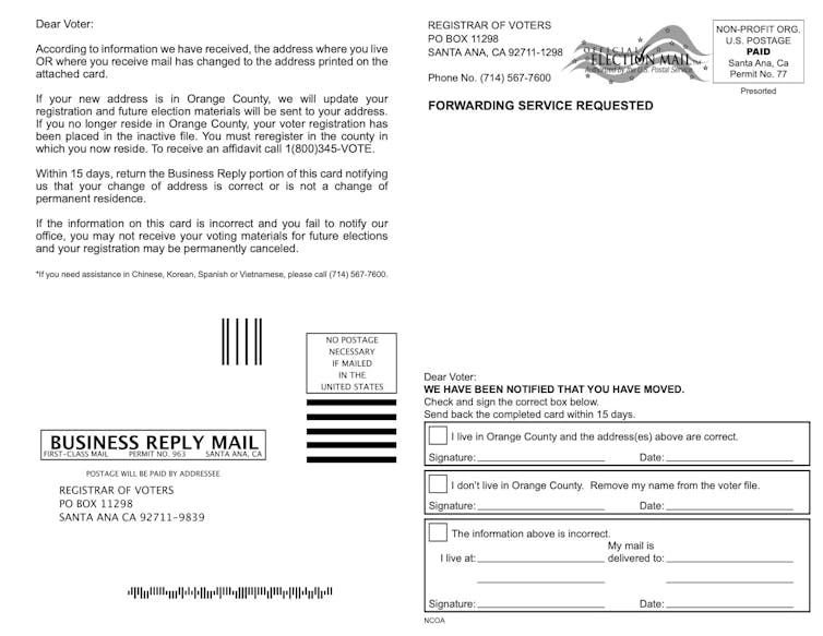 A sample postcard asking if a registered voter wants to change the address at which they are registered.