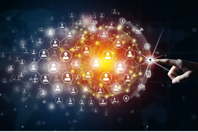 an image of networked icons with a finger pointing at them