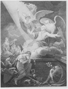 A black-and-white drawing shows a man with outstretched arms reaching towards a celestial light.