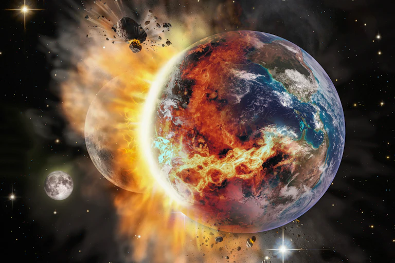 Dramatic illustration of a planet collision