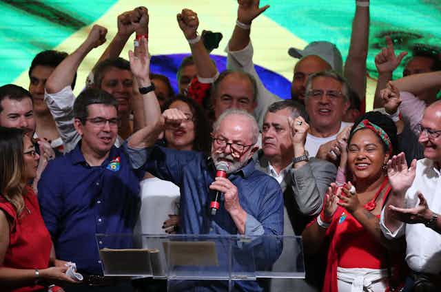 Former Brazilian President Luiz Inácio Lula da Silva (C) delivers a speech after his victory in the presidential election, in Sao Paulo, Brazil, 30 October 2022. 
