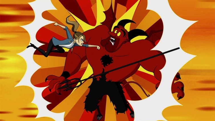 A cartoon depiction of the devil being beaten up by a young girl superhero.