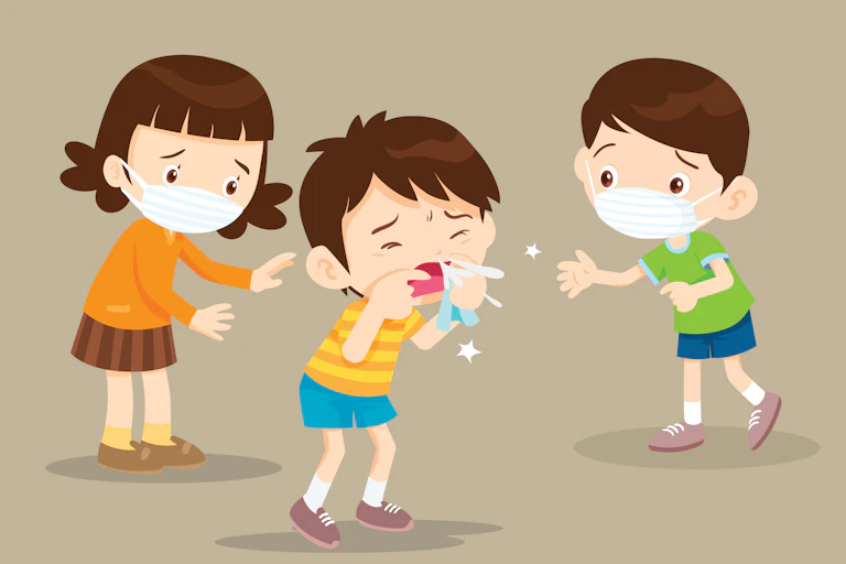 Un enfant en train de tousser avec deux autres portant des masques.