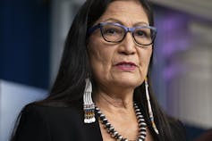 Interior Secretary Deb Haaland speaks at a news briefing, April 23, 2021.