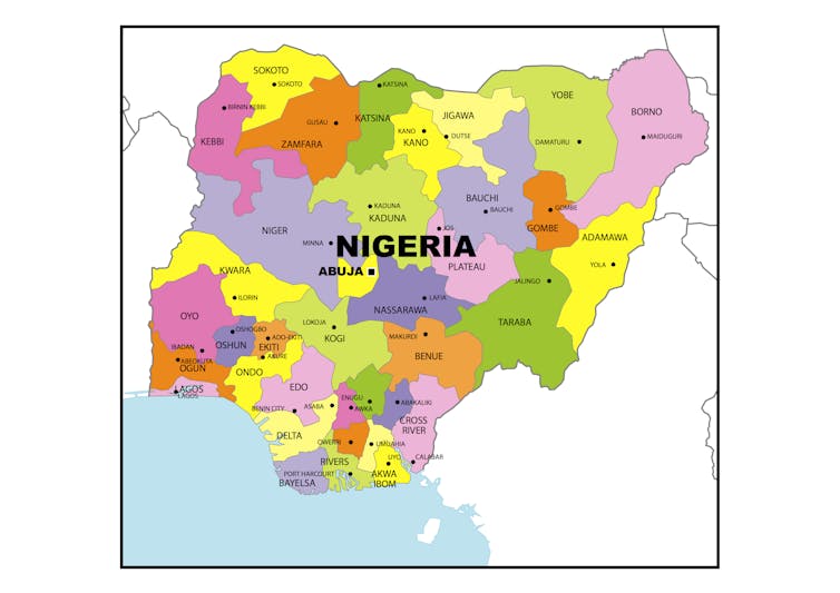 Un mapa de Nigeria separado en estados.