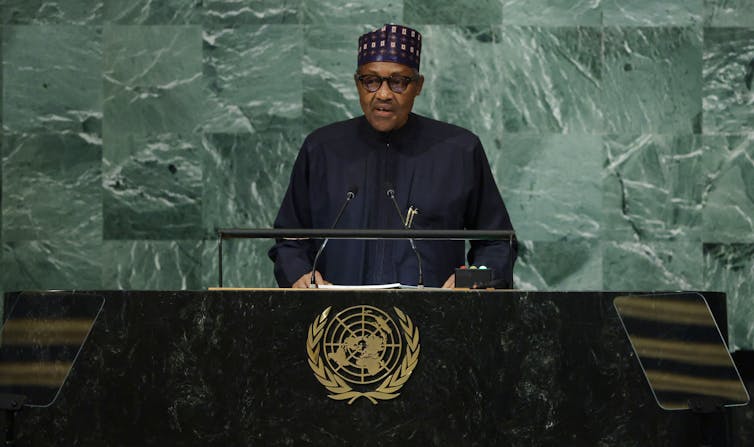Presidente Muhammadu Buhari discursando na sede das Nações Unidas