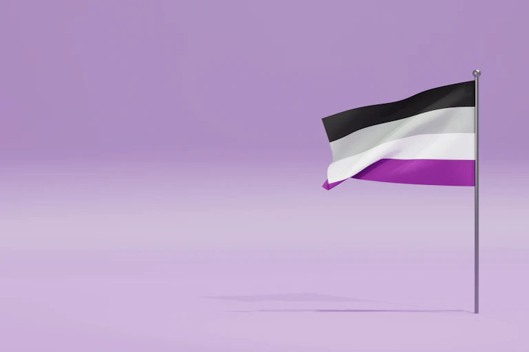 A black, gray, white and purple flag.
