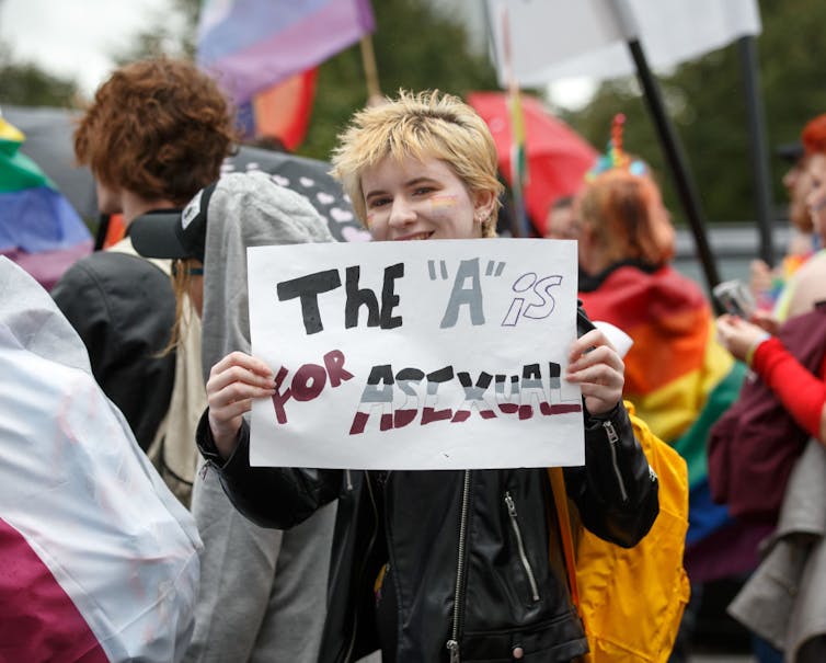 A person holds a sign reading 'The 'A' is for Asexual.'