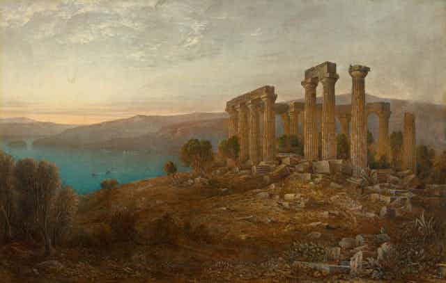 Painting of an ancient Greek ruin with sea and mountains in the distance.