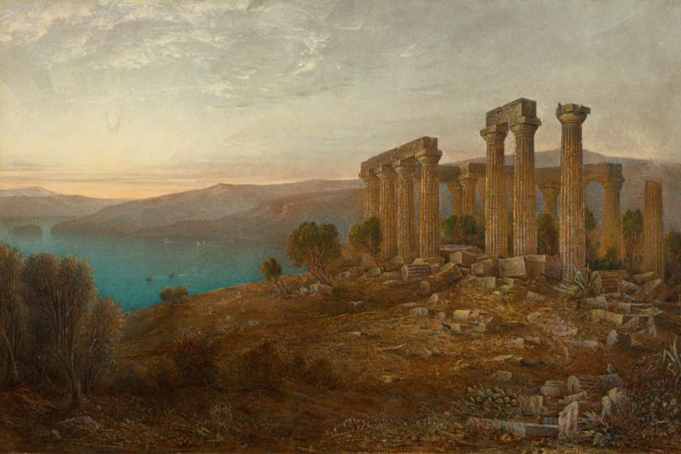 Painting of an ancient Greek ruin with sea and mountains in the distance.