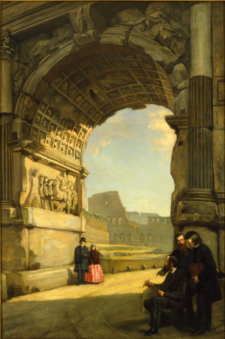 Painting of a man and his daughter walking under an elaborately sculpted Roman arch.