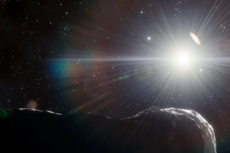 Artist's impression of an asteroid, with the Sun in the background.