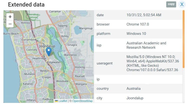 A screenshot from a website showing details of an IP address including its location on a map.