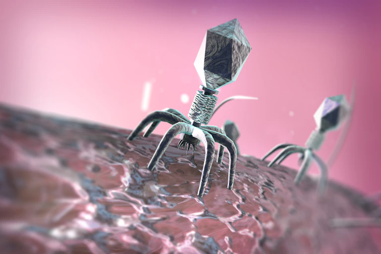 Illustration d'un bactériophage s'attaquant à une bactérie.