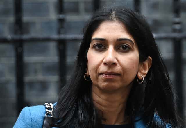 Close up of Suella Braverman outside Downing Street, looking solemn