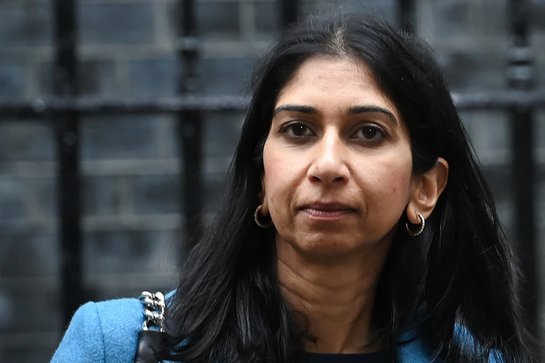 Close up of Suella Braverman outside Downing Street, looking solemn