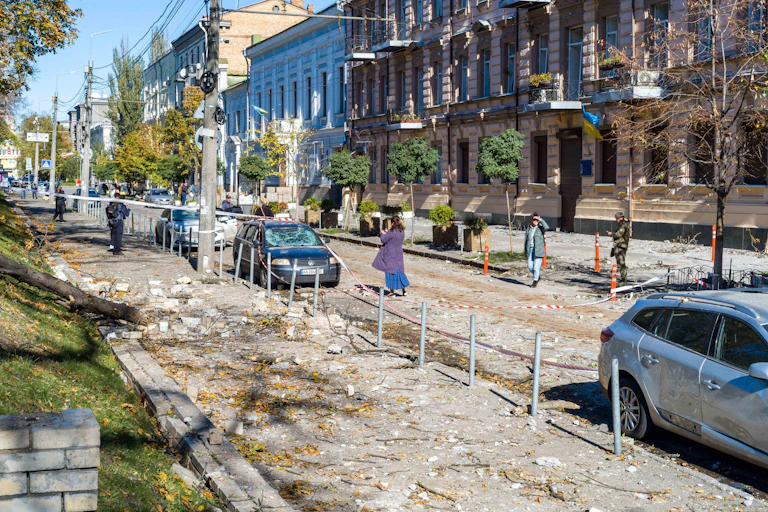 A street in Kyiv after a Russian bombing raid