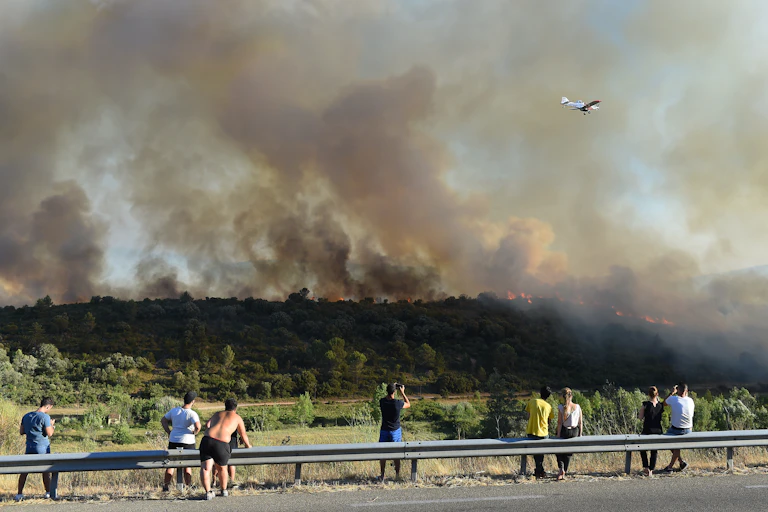 People watching a fire from a hilltop