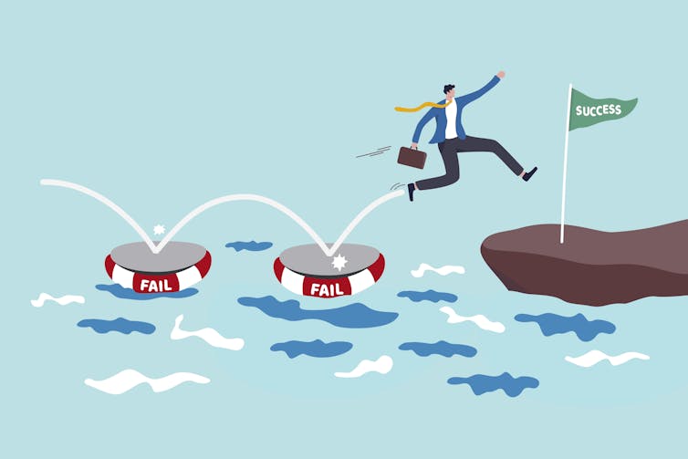 Illustration of man leaping from liferafts labelled failure to the mainland of success