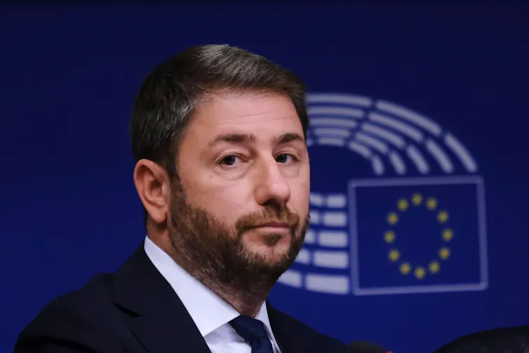 Nikos Androulakis sitting in the European Parliament.