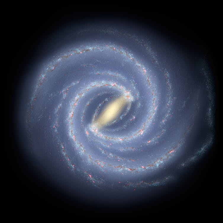 An artist's impression of the Milky Way galaxy, as seen from the outside. The galaxy has a bright central core and spiral arms that wind out from its centre. The overall shape is similar to a pinwheel