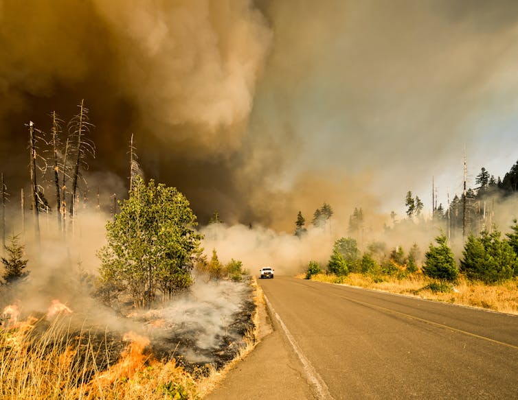 A car driving away from smoke from a forest fire