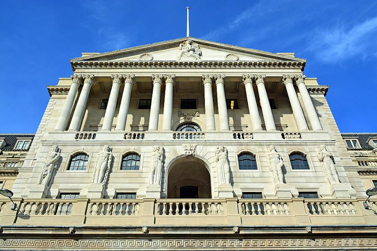 Vue du batîment de la Banque centrale d'Angleterre, à Londres.