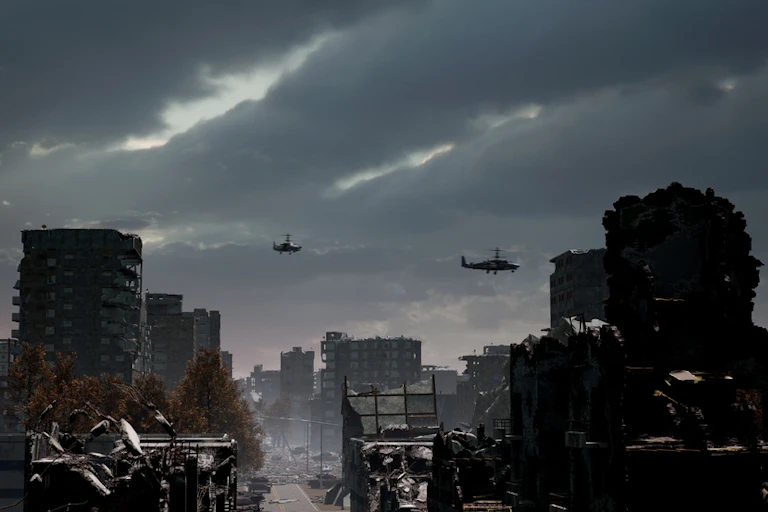 Grey skies with helicopters crossing in front of bombed buildings.