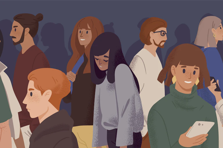 Illustration of sad woman among crowd