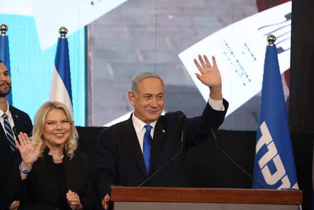 Benjamin Netanyahu waves to his supporters after the 2022 election.